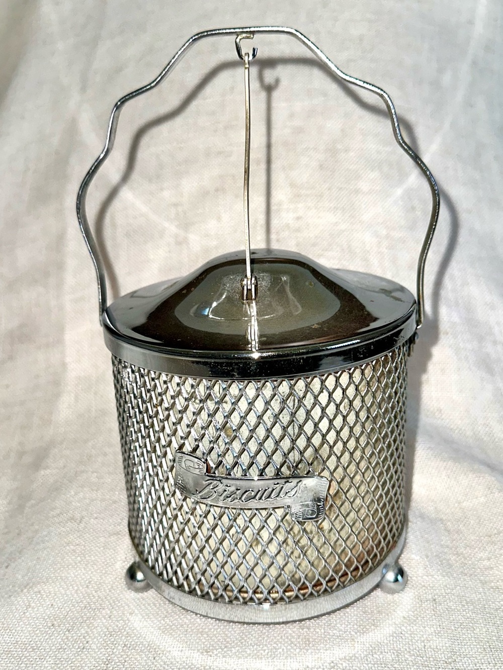 Vintage Chrome Wire Mesh Biscuit Barrel Made in England Retro Cookie Jar
